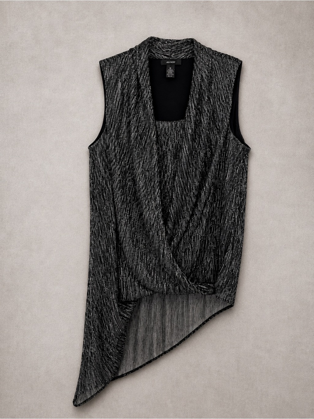 Alfani Metallic Black & Silver Asymmetrical Draped Tunic Top – Size M